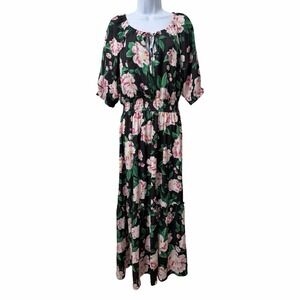 On 34th Floral Puff Sleeve Tiered‎ Maxi Dress Size M Black Event Wedding Guest